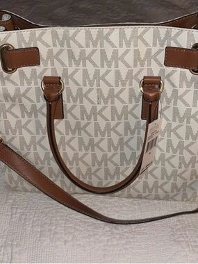 Michael Kors Cream/Light Gray MK Logo Tote with Brown Trim